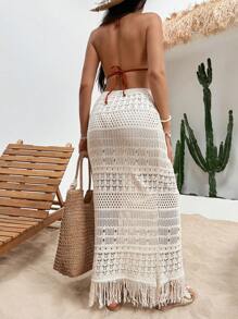 EURMUSE 带流苏的超长毛衣罩裙，适合夏季海滩度假 - 杏色 - 查看 4