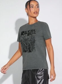 SHEIN Unity Band & Slogan Graphic Wash Tee - Grey - View 5