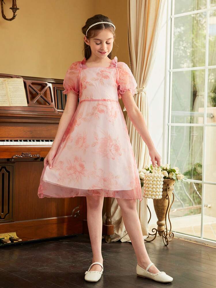 Tween Girl's Square Neck Bubble Sleeve Floral Printed Dress