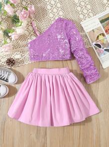 SHEIN Conjunto elegante para fiesta de cumpleaños de niña joven, top con hombros asimétricos con cuentas rosadas y falda plisada - Morado - Ver 1