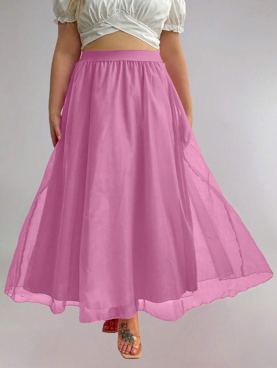 SHEIN Unity 大尺碼純色裙子，適合夏季穿著 - 粉色 - 查看 1