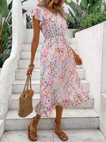 Breezaya 女式v領腰帶花卉印花連衣裙,配有荷葉邊袖子,適合春夏度假風格 - 彩色 - 查看 4