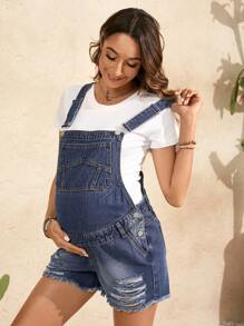 SHEIN 孕婦破洞牛仔褲短褲 - 中等水洗藍 - 查看 3