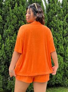 SHEIN EZwear Conjunto de 3 peças sólidas para o verão: jaqueta de gola colorida, camisole e shorts soltos em tecido de toalha laranja confortável para casa e lazer, tamanho plus size feminino - Laranja - Visão 2