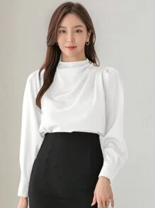 DAZY 女士纯色褶皱长袖衬衫春季女装工作服，秋季女装 - 白色 - 查看 4