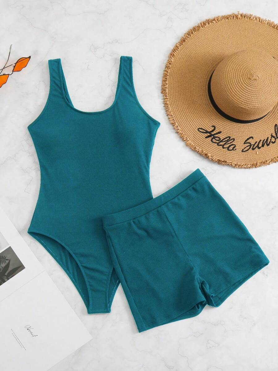 SHEIN Swim 夏季海灘純色羅紋針織修身連身泳衣（配短褲） - 水鴨藍 - 查看 1