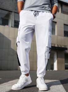 Manfinity Homme Pantalon cargo simple à blocs de couleurs pour homme grande taille, pantalon blanc de sortie pour porter au quotidien, cadeau pour mari ou petit ami, pour l'automne - Blanc - Voir 4