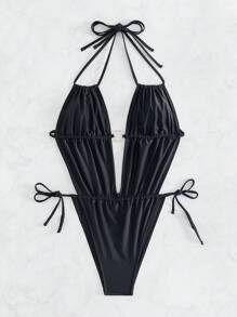 Swim SXY 女士純色深V領吊帶性感泳衣，度假必備 - 黑色 - 查看 5
