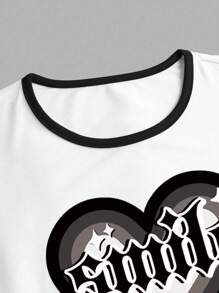 SHEIN ChillGRL Tween Girl Summer Casual Two-Piece Set With Letter & Heart Print Round Neck Short Sleeve T-Shirt And Flare Pants - Black and White - View 6