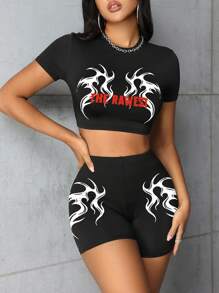 SHEIN Women Summer Short Sleeve Flame Letter Print Round Neck Cropped T-Shirt And Shorts Set