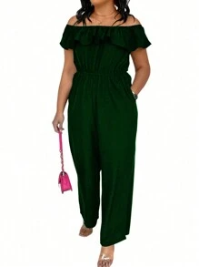 SHEIN Clasi Plus Size Women Summer Solid Color Ruffle Edge Jumpsuit With Off Shoulder, Pockets, And Wide Legs - Green - View 7