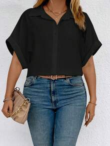 SHEIN LUNE 大碼女性夏季鬆身短袖純色蝙蝠袖上衣，設有側開叉背部 - 黑色 - 查看 5