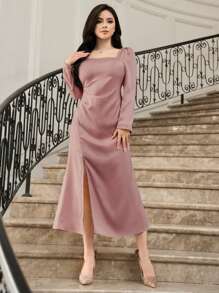 DAZY Ladies' Elegant Solid Color Slit Front Square Neck Party Gathering Long Sleeve Dress,Fall Dress - Pink - View 4