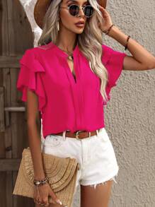 SHEIN Clasi Solid Color Ruffle Trim Short Sleeve Shirt For Summer - Hot Pink - View 5