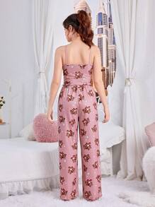 SHEIN Teen Girl Cute Bear Pattern Wedding/Party Cami Vest And Long Pants Flaming Retardant Outfits Set
