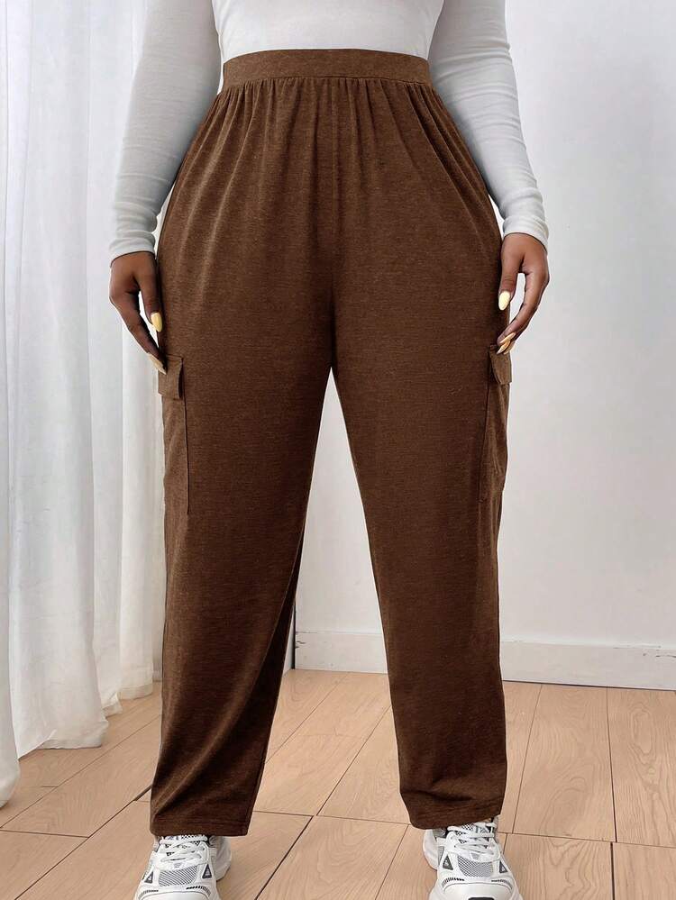 Women's Plus Size Solid Color Flap Pocket Pants Fall Cloth For Women