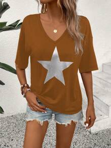 SHEIN LUNE Women's Summer Casual V-Neck Short Sleeve T-Shirt With Star Print