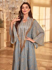 Stand Collar Long Sleeve Mesh Geometric Embroidery Sequin Robe, Loose Fit Eid - Green - View 3