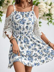 SHEIN VCAY Vacation Strappy Lace Patchwork Cold-Shoulder A-Line Mini Dress With Spaghetti Straps Wedding Dress - Blue and White - View 2