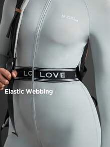 In My Nature Letter Printed Stand Collar Zipper Detail Thumb Hole Slim Fit Jumpsuit - Blue - View 7