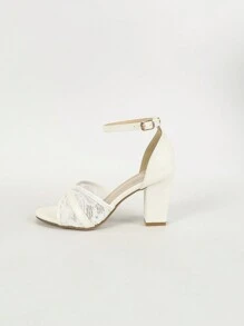 Giày Sandal Nữ Cao Gót Chunky Màu Trắng Phối Ren Thiết Kế Rỗng Ở Phía Sau - trắng - Xem 6