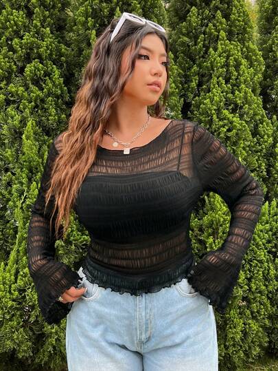 SHEIN EZwear 女性加大尺寸紋理透薄黑色船領灑袖修身長袖純色夏季開衫上衣