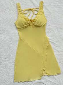 Soleia Women's Casual Vacation Style Yellow Mesh Dress, With Ruffle Hem, Plunging Neckline And Slit - Yellow - View 3