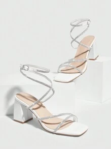 CUCCOO SZL Woman Shoes Chunky Heel Strappy Sandals With Rhinestone Detailing For Spring And Summer Vacation Shoes Summer Party Baddie Chic Gorgeous Style Halloween Christmas Disco Party Sxy Night Out Fall - White - View 3
