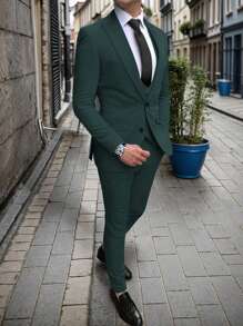 Manfinity Mode Men Business Single-Breasted Long Sleeve Suit Jacket And Pants Set For Travel - Green - View 1