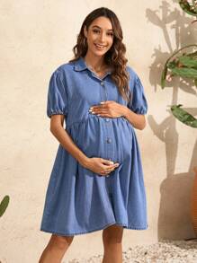 SHEIN Vestido informal de mezclilla con manga abombada y un solo botón para mujeres embarazadas