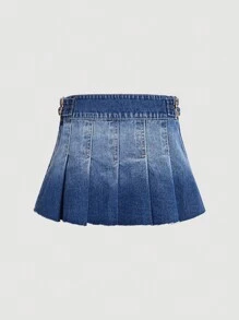 SHEIN MOD Women Summer Washed Buckle Pleated Hem Denim Skirt
