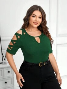 SHEIN Clasi 大码女式夏季纯色修身 T 恤，镂空肩部和锁孔领口 - 墨綠色 - 查看 4