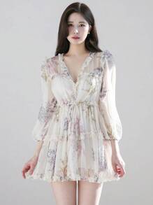 DAZY 女士秋季优雅花卉印花连衣裙，女士波西米亚风抽绳、荷叶边、裹身长袖 V 领常规版型短款白色主教袖全身印花，花卉 A 字女士短裙，春/秋季，休闲日常穿着夏季太阳裙