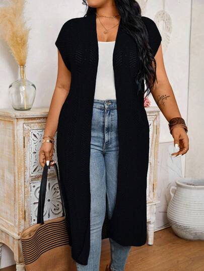 EMERY ROSE Plus Size Solid Color Long Cardigan With Cap Sleeves, Beach Outfits Winter Fall Autumn
