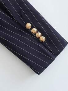 Women's Pinstripe Double Breasted Suit Jacket - Navy Blue - View 3