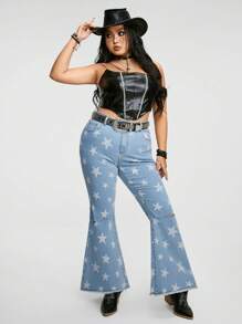 ROMWE Grunge Punk Plus Size Star Print Ripped Flared Jeans With Pockets And Belt Loops - Blue - View 2