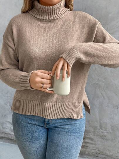 SHEIN LUNE Plus Size Women's High Neck Drop Shoulder Sweater Knit Pullover Fall Winter Outfit Autumn