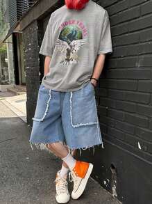 DAZY 夏季男士休閒短袖T卹，字母和鴿子印花設計 - 灰色 - 查看 7