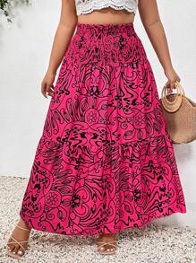 SHEIN Franclia 大尺碼抽象印花度假休閒裙，具有彈性腰帶和褶邊擺。 - 紅色 - 查看 1