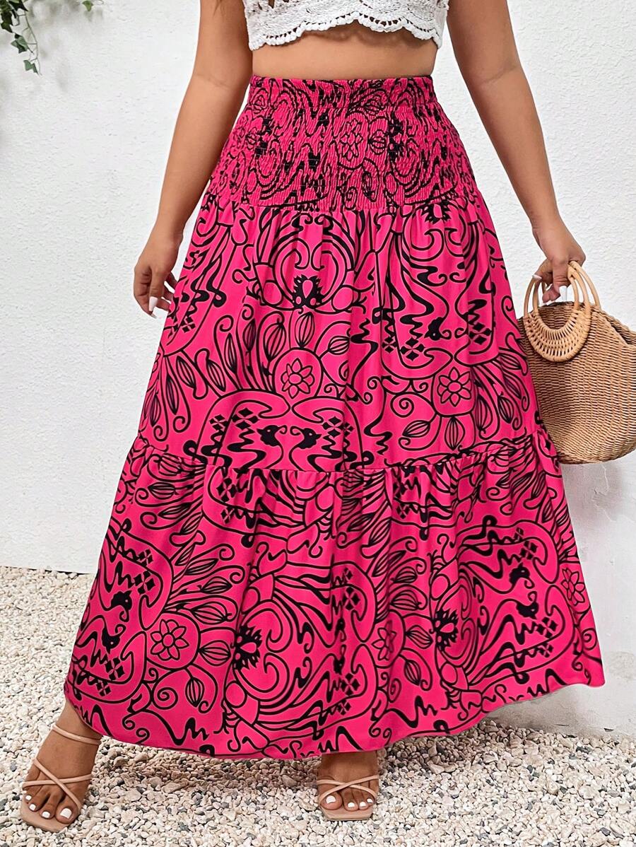 SHEIN Franclia 大尺碼抽象印花度假休閒裙，具有彈性腰帶和褶邊擺。 - 紅色 - 查看 1