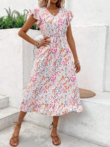 Breezaya 女式v領腰帶花卉印花連衣裙,配有荷葉邊袖子,適合春夏度假風格 - 彩色 - 查看 5