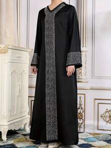 Vestido largo formal elegante para mujer con escote en V, adorno de strass, mangas acampanadas, longitud hasta el tobillo, adecuado para primavera, verano y otoño, modesto estilo kaftan - Negro - Ver 3