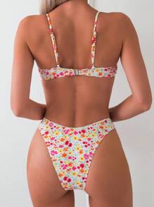 Swim Mod 女士夏季沙灘花卉印花細肩比基尼套裝，適用於度假，隨機印花 - 彩色 - 查看 2