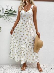 SHEIN VCAY 女士花卉印花荷叶边下摆吊带连衣裙 + 印花不对称下摆罩衫