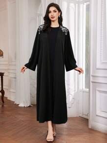Al Najma Túnica Árabe de manga larga bordada con flores, adecuada para primavera y verano - Negro - Ver 1