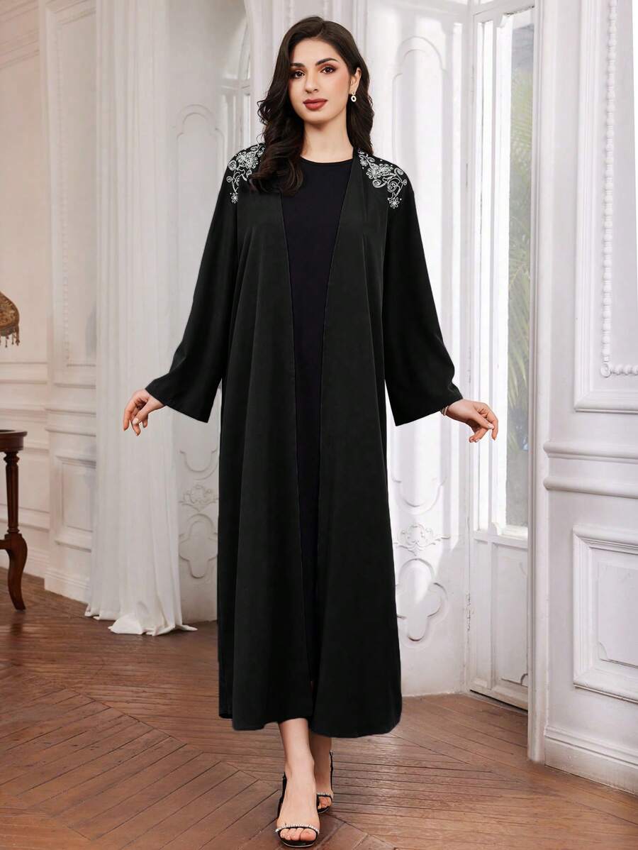 Al Najma Túnica Árabe de manga larga bordada con flores, adecuada para primavera y verano - Negro - Ver 1