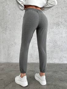 EURMUSE 素色腰部抽繩斜口袋衛褲 - 深灰色 - 查看 2