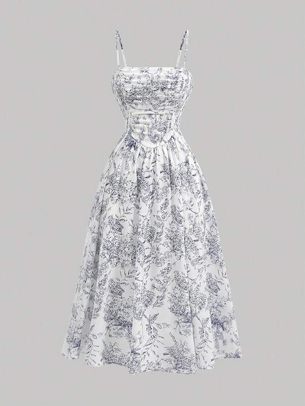 SHEIN MOD Summer Casual Plant Print Waist Cinched Spaghetti Strap Dress