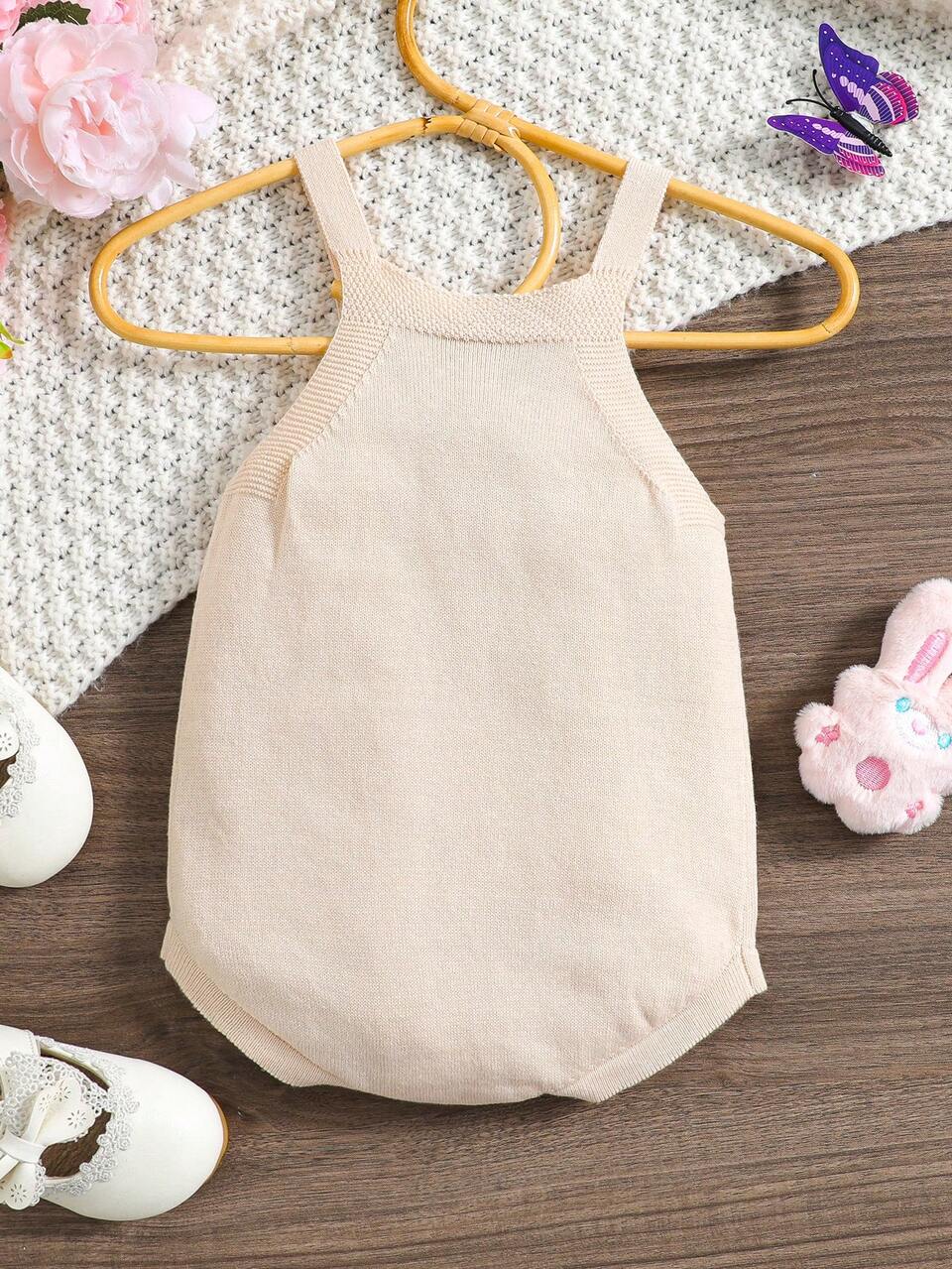 Baby Girl Solid Color Knitted Sweater Bodysuit With Suspenders