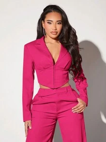 SHEIN SXY Women Solid Color Slim Fit Short Blazer With Notched Collar - Hot Pink - View 1